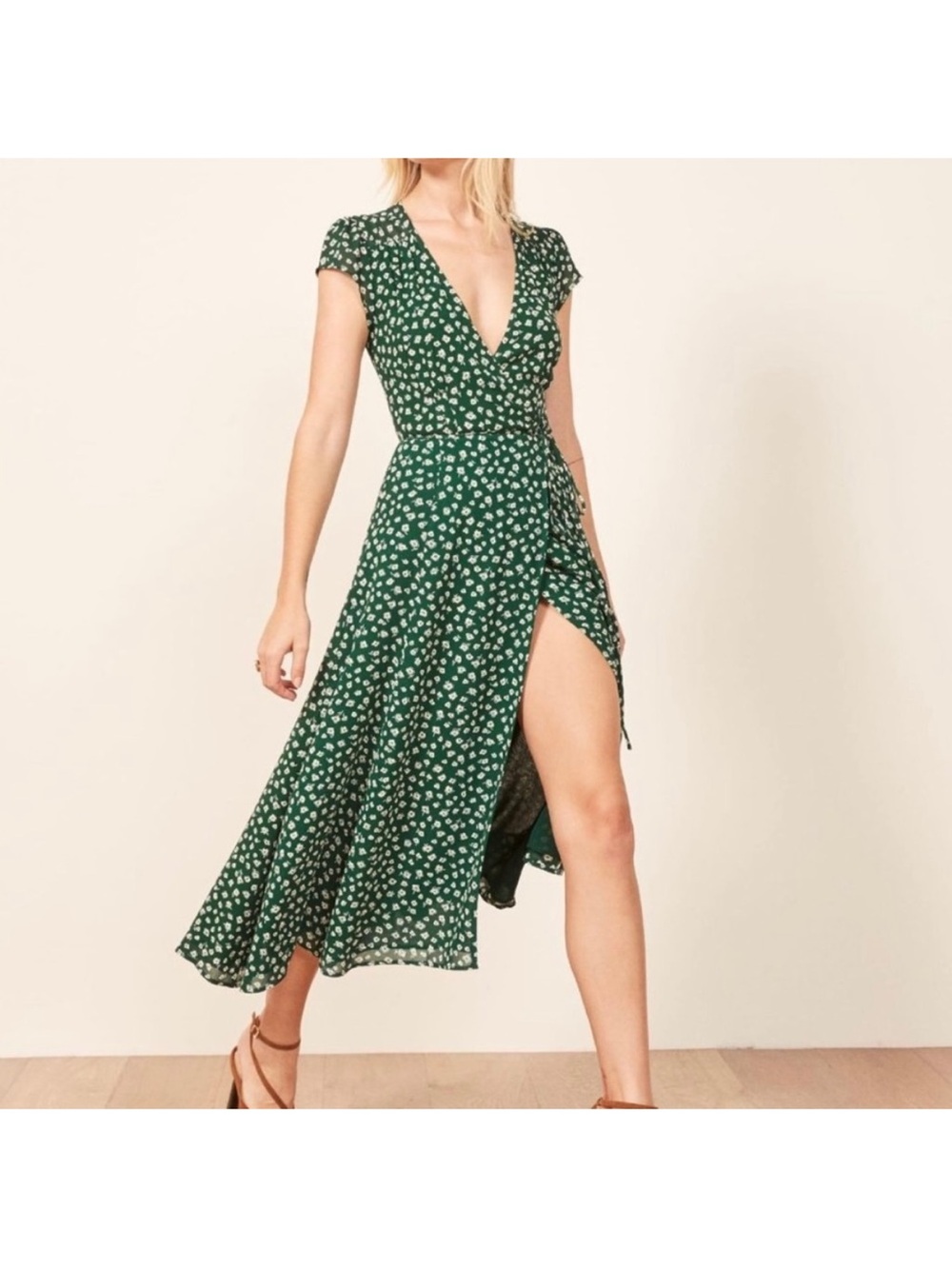 Reformation Green Floral Wrap Midi Dress XS